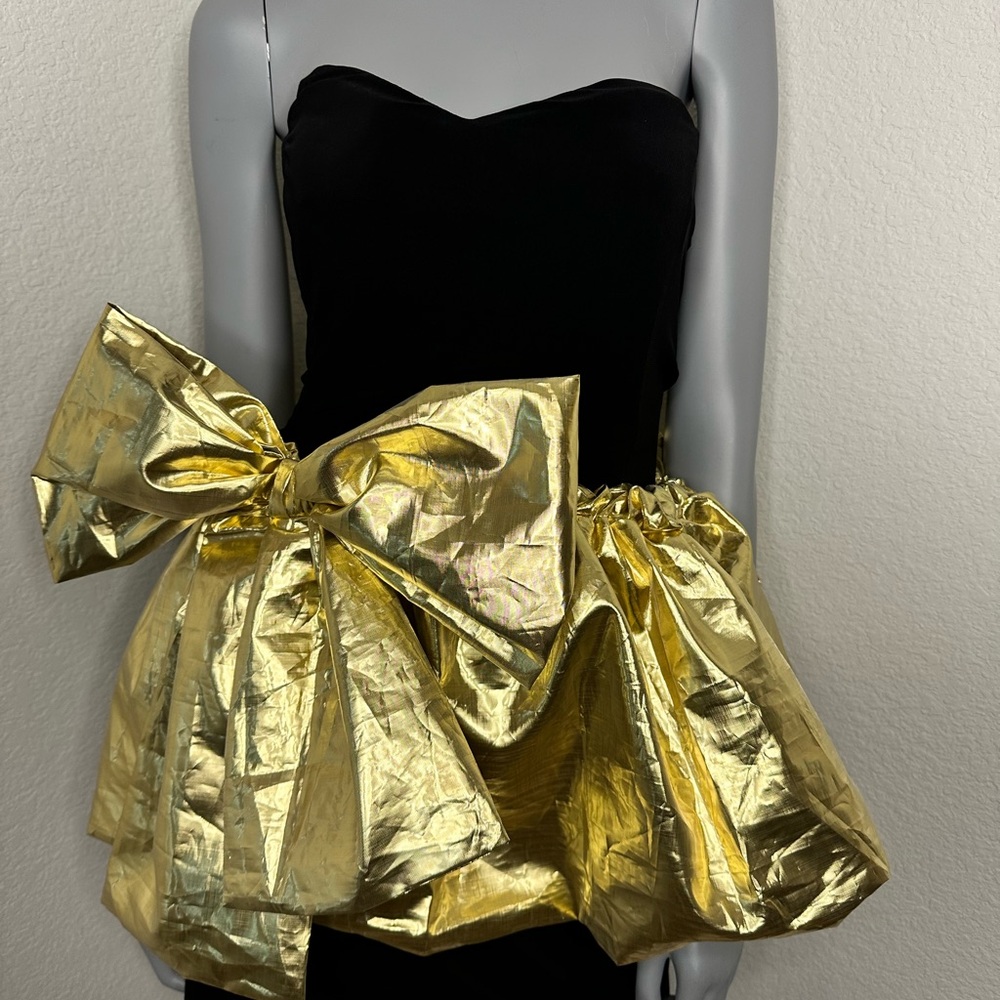Vintage Black Strapless Dress with Gold Metallic Bow
